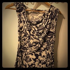 Jersey knit purple and white floral gathered top